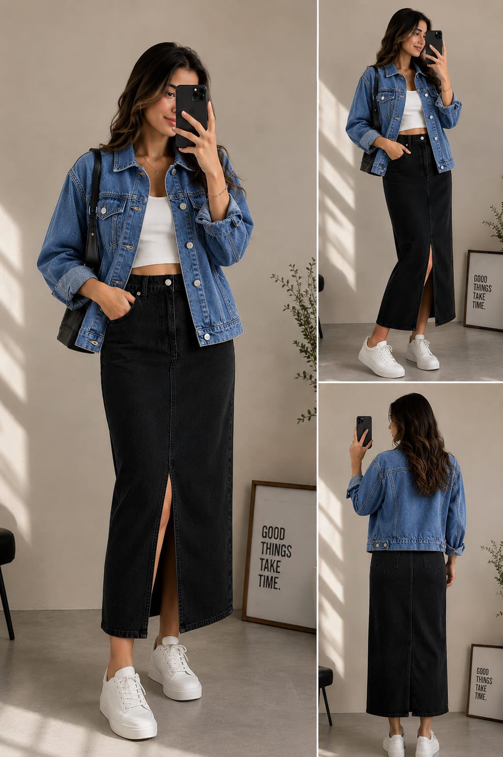 Medium Blue Denim Jacket & Black Maxi Denim Skirt Set