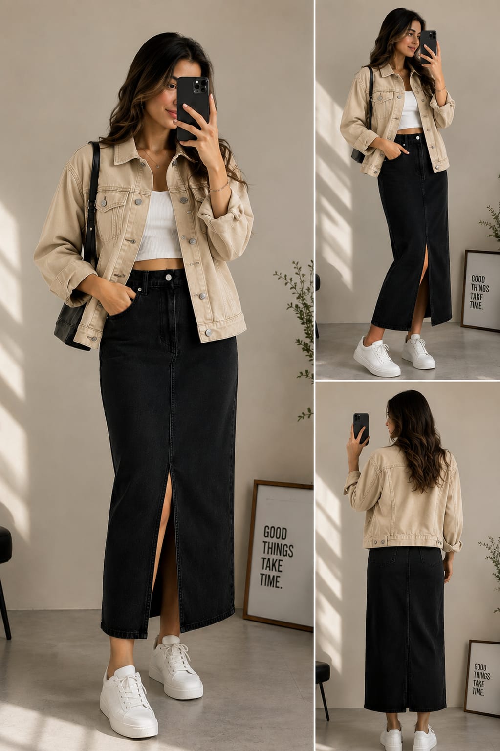 Beige Denim Jacket & Black Maxi Denim Skirt Set