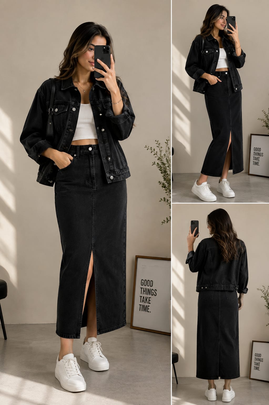 Black Denim Jacket & Black Maxi Denim Skirt Set