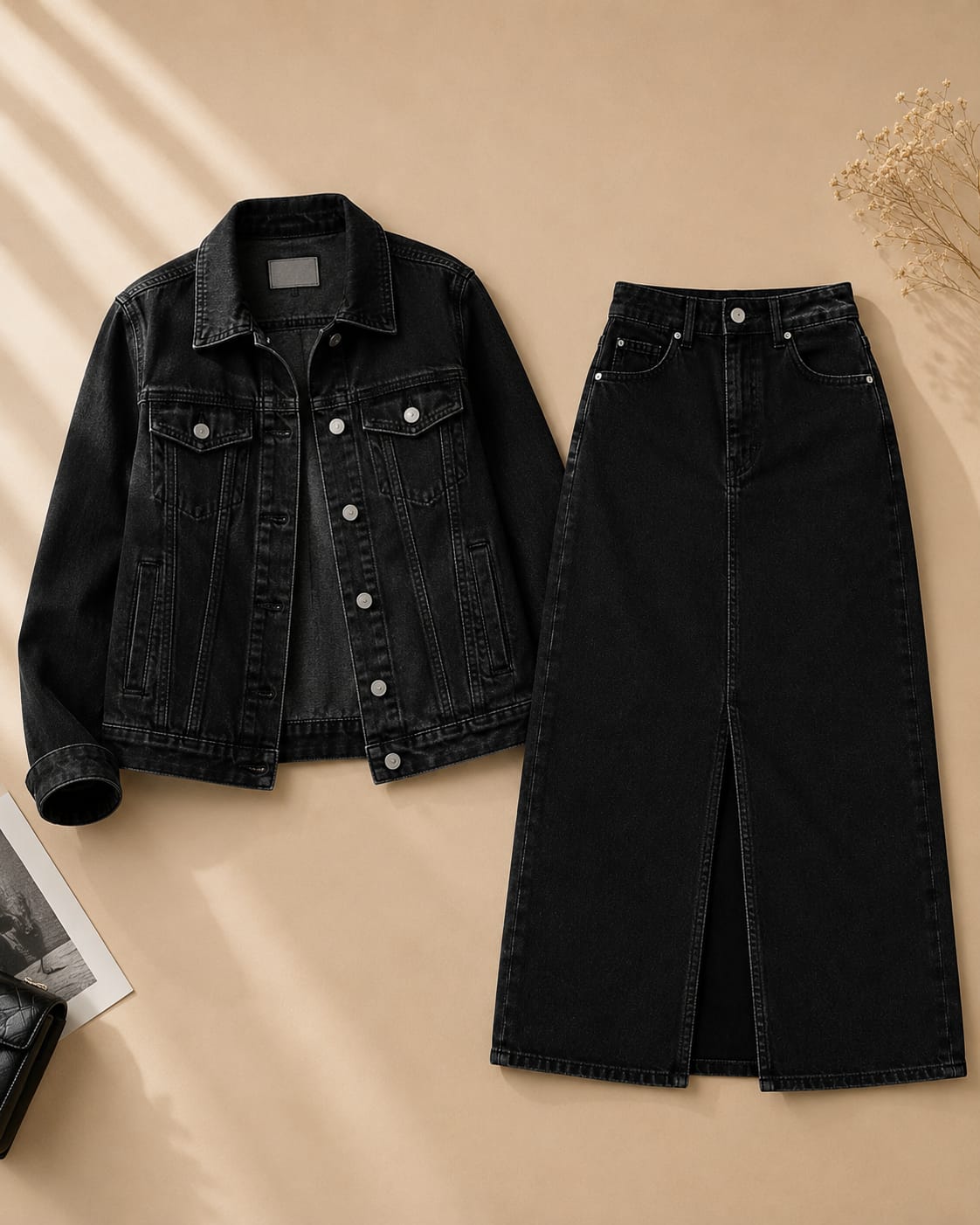 Black Denim Jacket & Black Maxi Denim Skirt Set