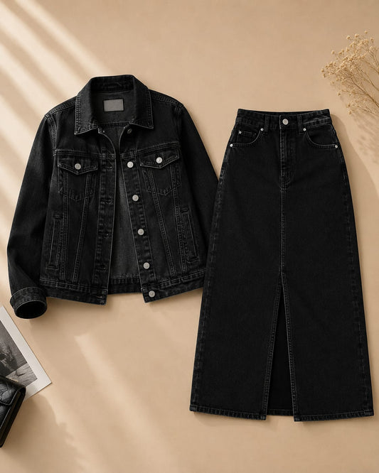 Black Denim Jacket & Black Maxi Denim Skirt Set