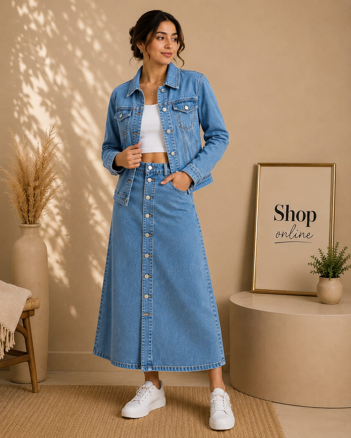 Light Blue Denim Jacket & Light Blue Maxi Denim Skirt Set