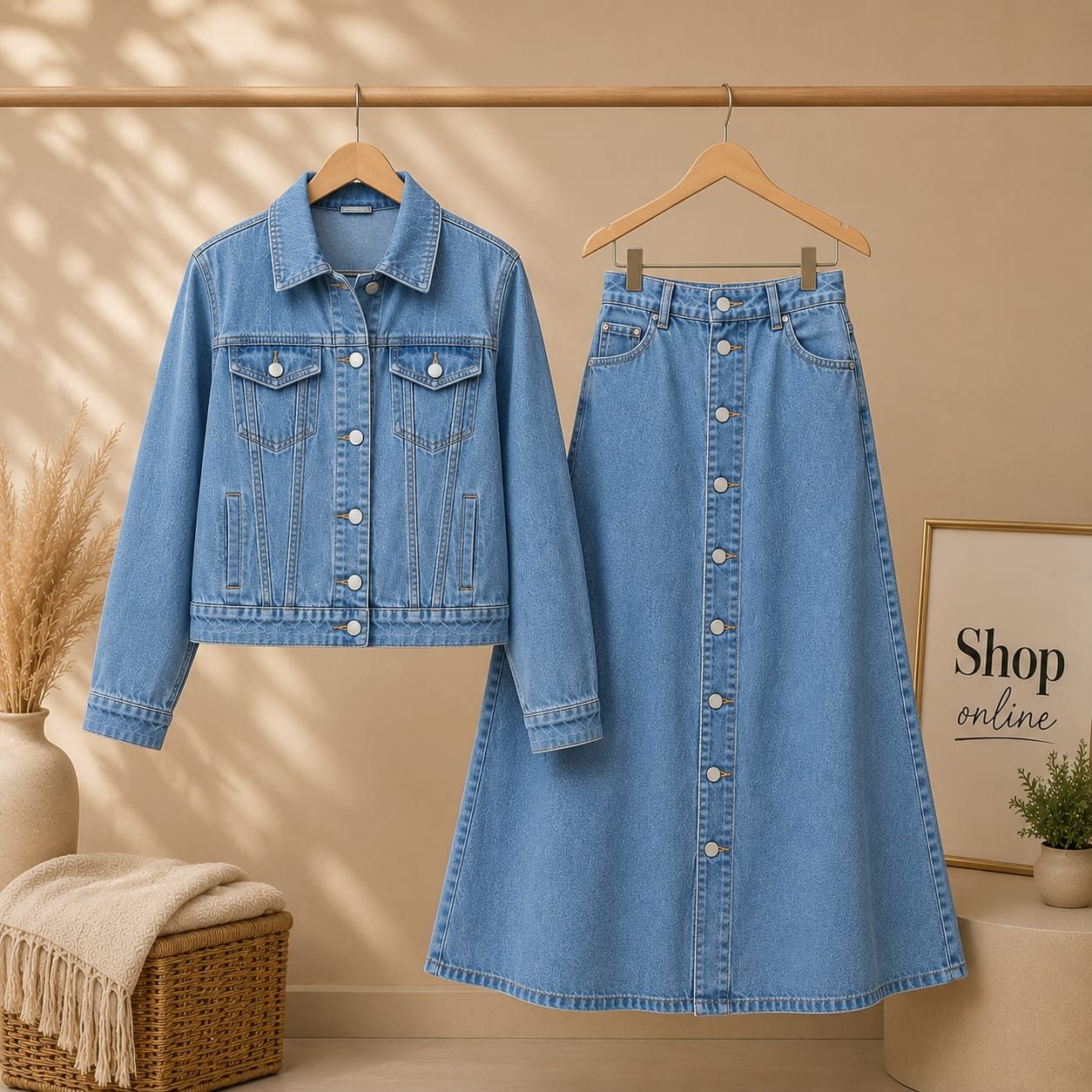 Light Blue Denim Jacket & Light Blue Maxi Denim Skirt Set