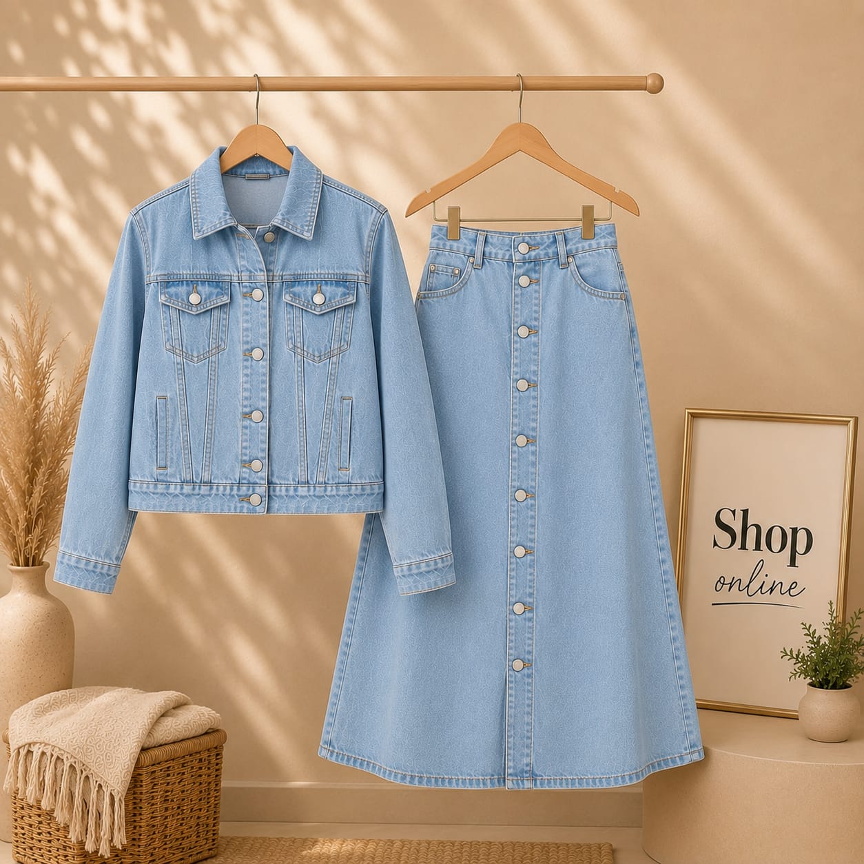 Ice Blue Denim Jacket & Ice Blue Maxi Denim Skirt Set