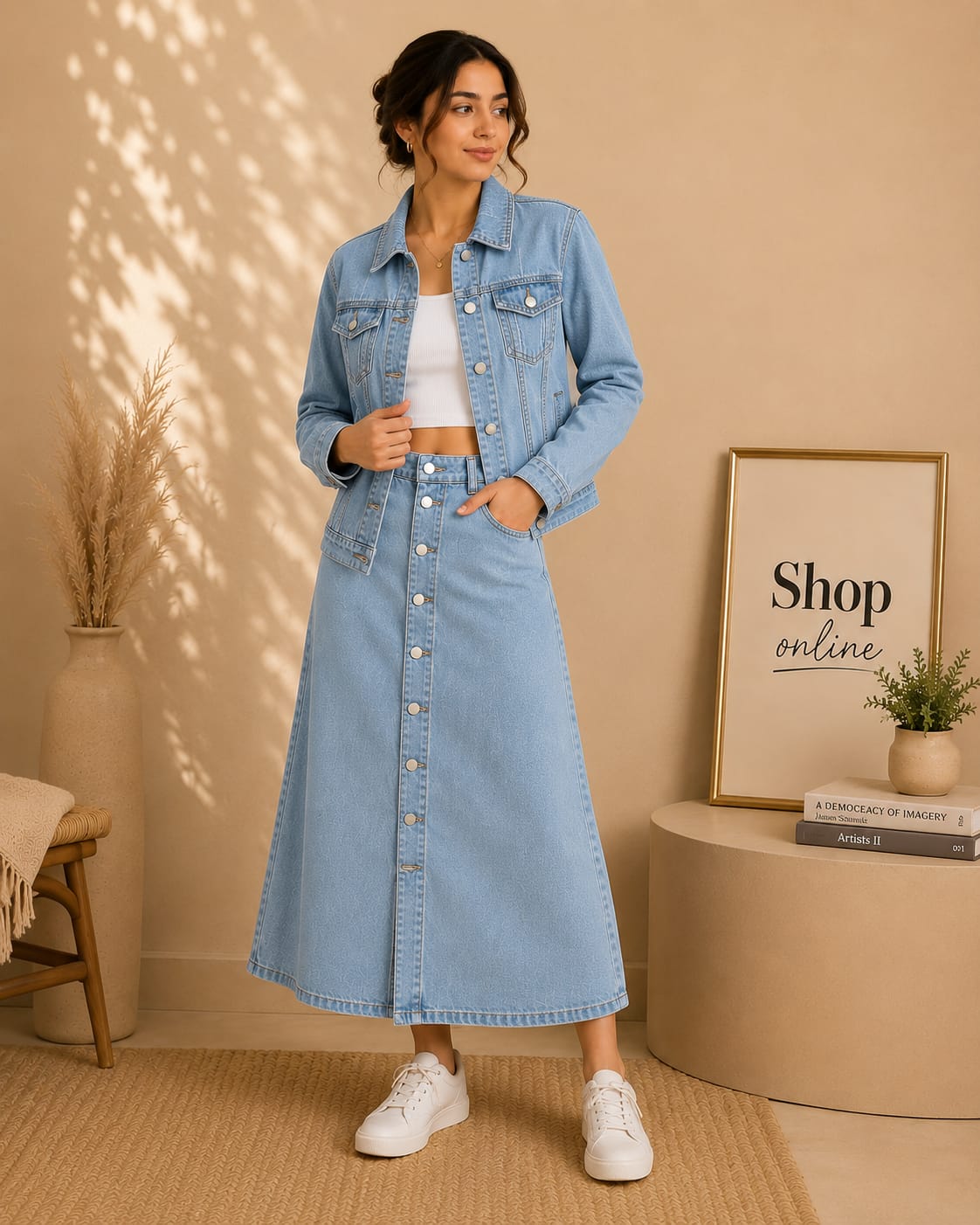 Ice Blue Denim Jacket & Ice Blue Maxi Denim Skirt Set