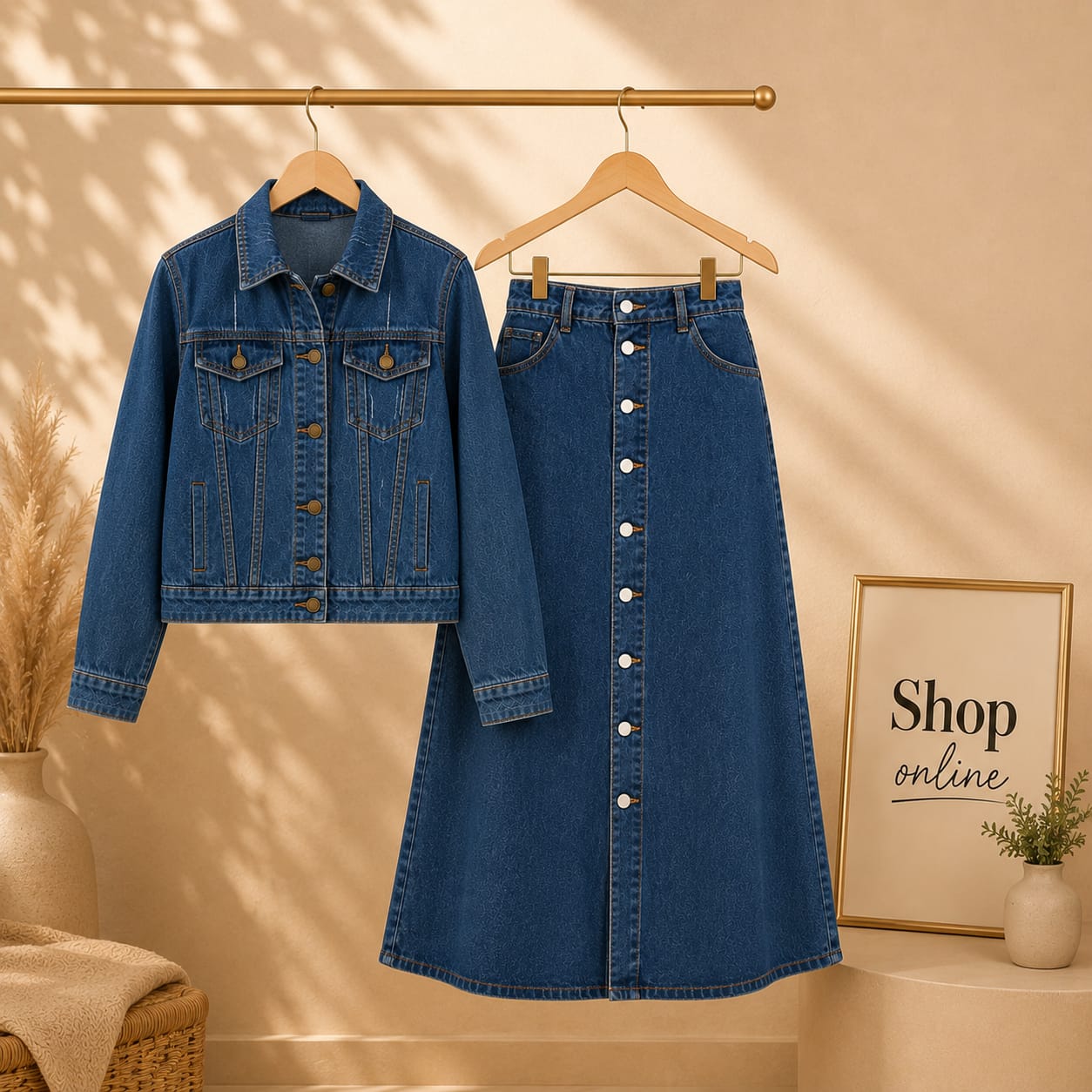 Dark Blue Denim Jacket & Dark Blue Maxi Denim Skirt Set