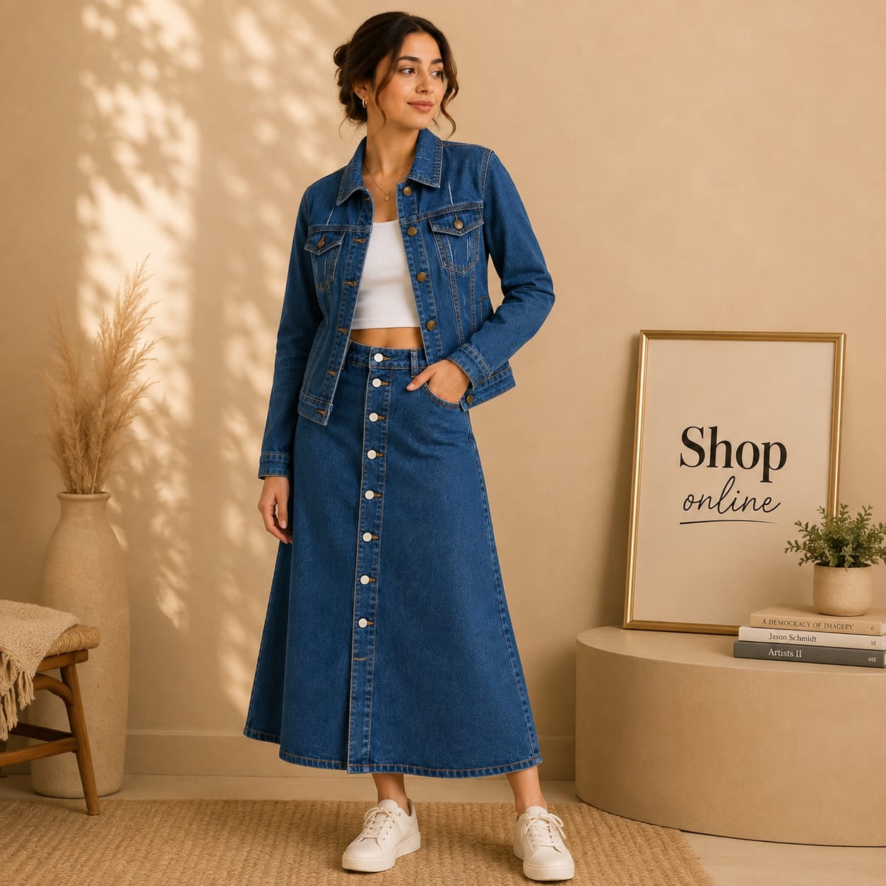 Dark Blue Denim Jacket & Dark Blue Maxi Denim Skirt Set