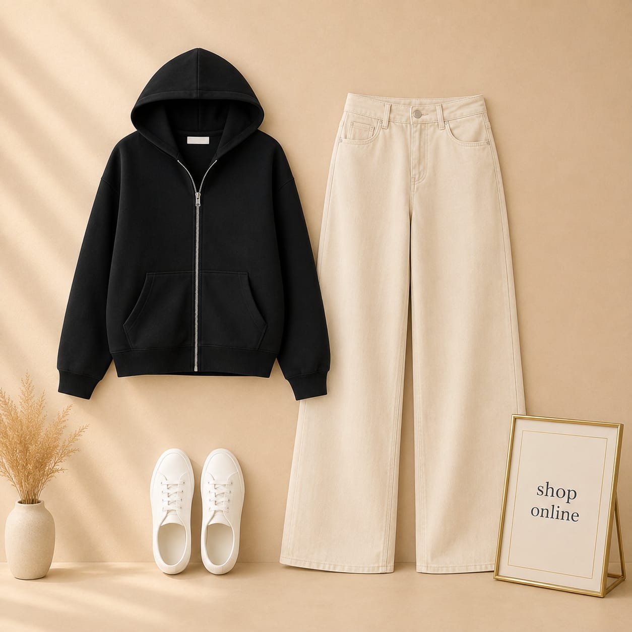 Black Zipper Hood With Beige Wide Leg Jeans