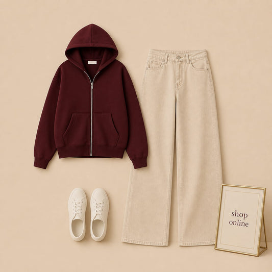 Burgundy Zipper Hood With Beige Wide Leg Jeans