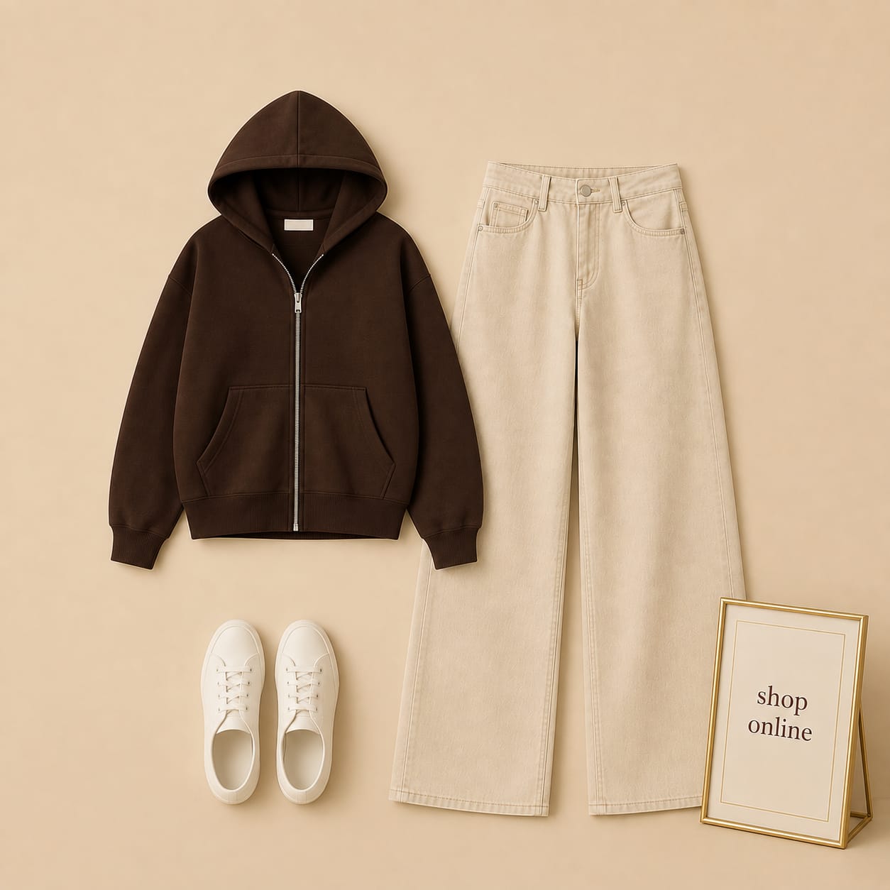 Brown Zipper Hood With Beige Wide Leg Jeans