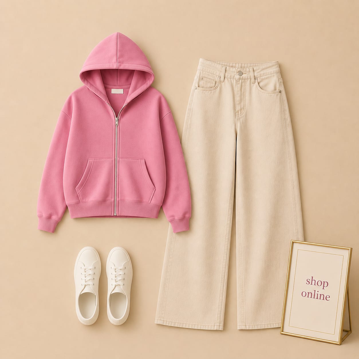 Pink Zipper Hood With Beige Wide Leg Jeans