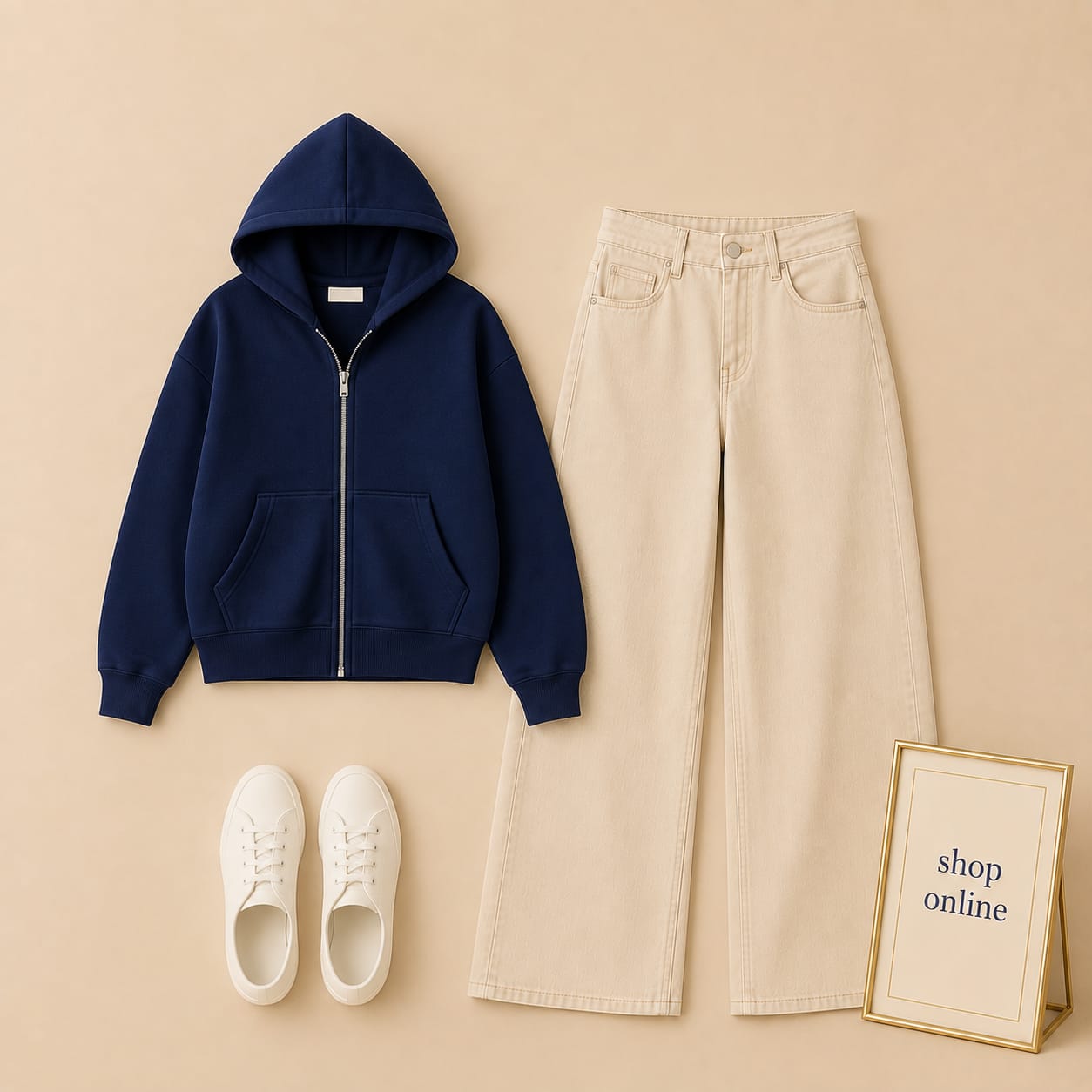 Navy Blue Zipper Hood With Beige Wide Leg Jeans