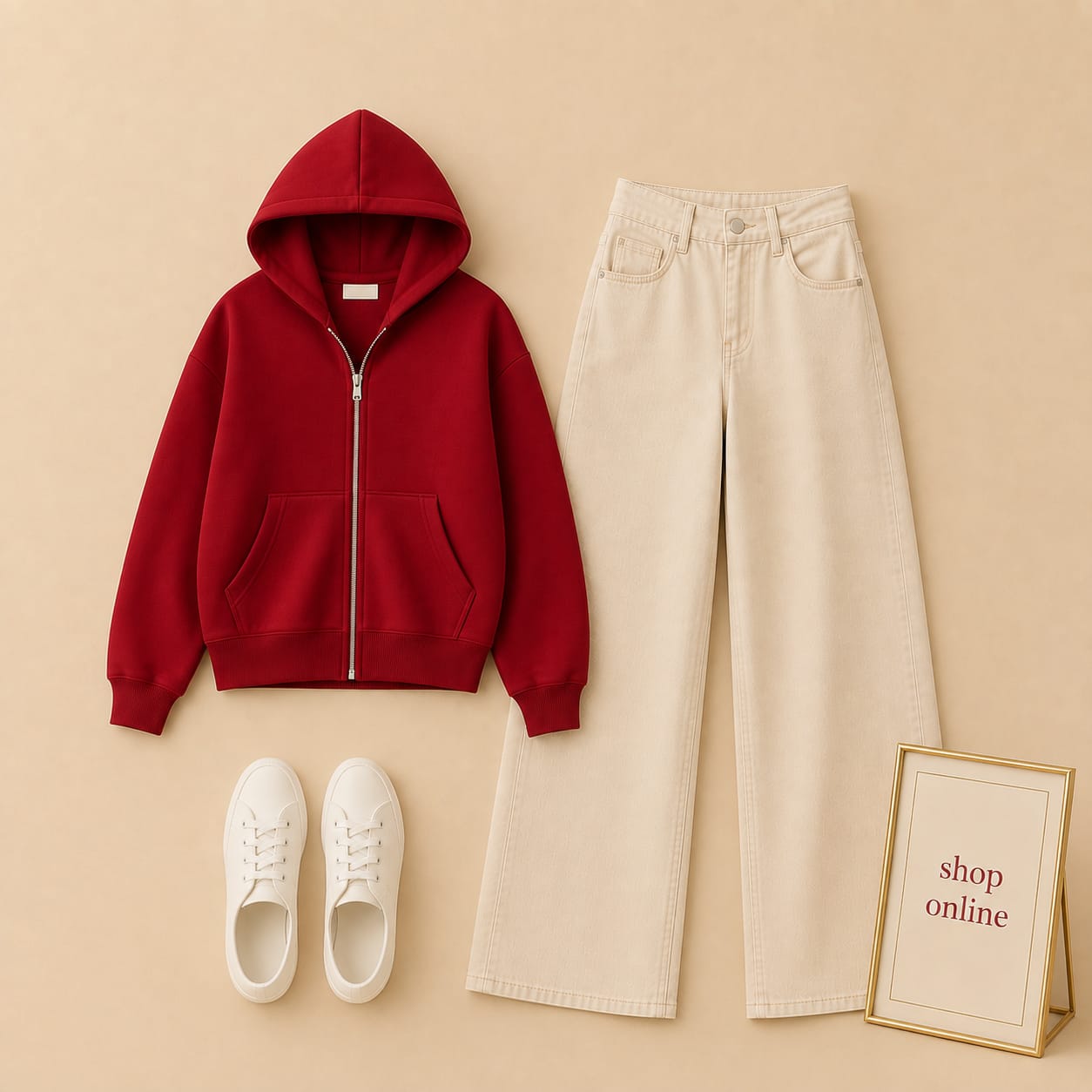 Red Zipper Hood With Beige Wide Leg Jeans