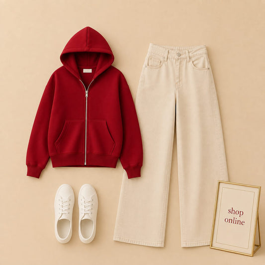 Red Zipper Hood With Beige Wide Leg Jeans