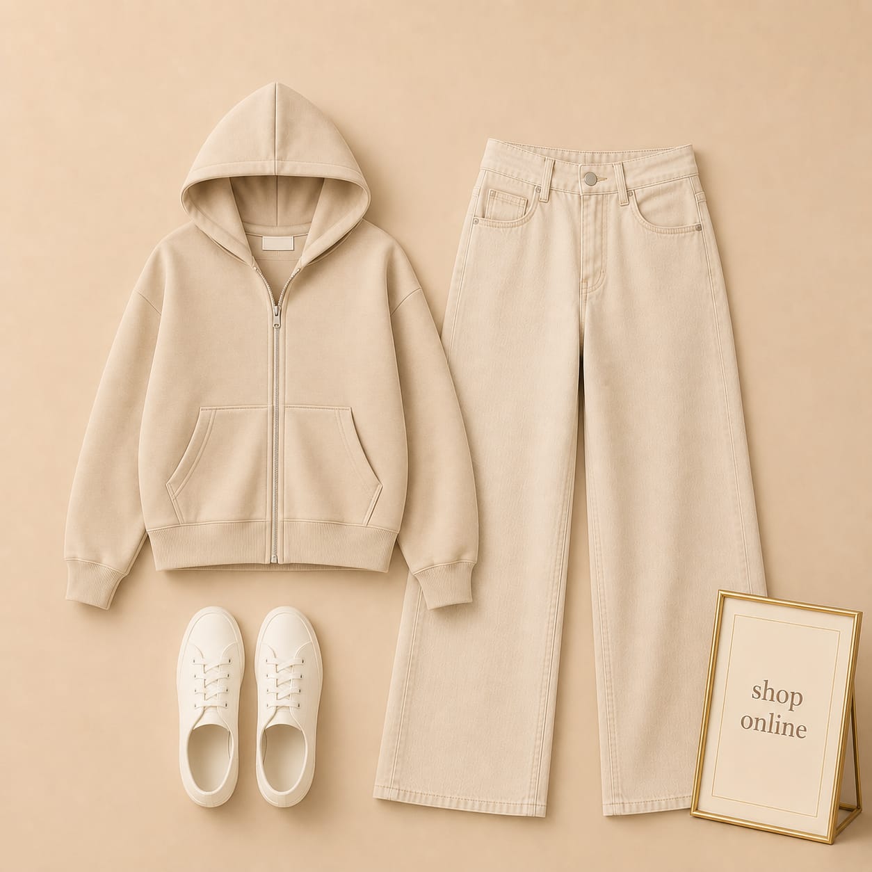Beige Zipper Hood With Beige Wide Leg Jeans