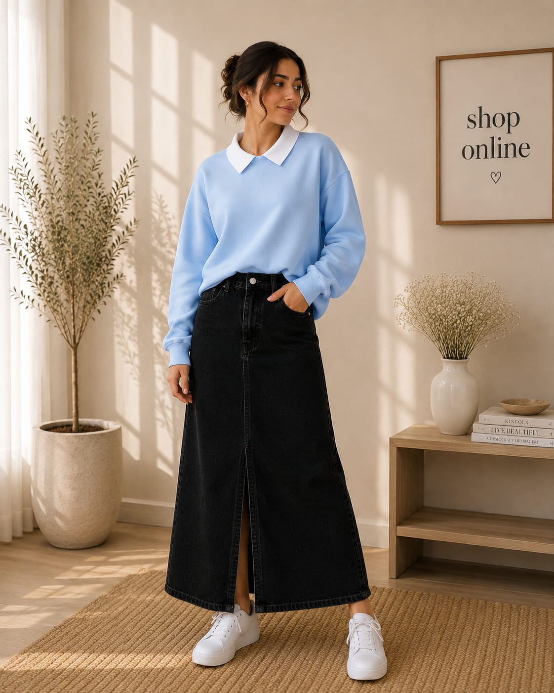 Sky Blue Collar Sweatshirt With Black Denim Skirt