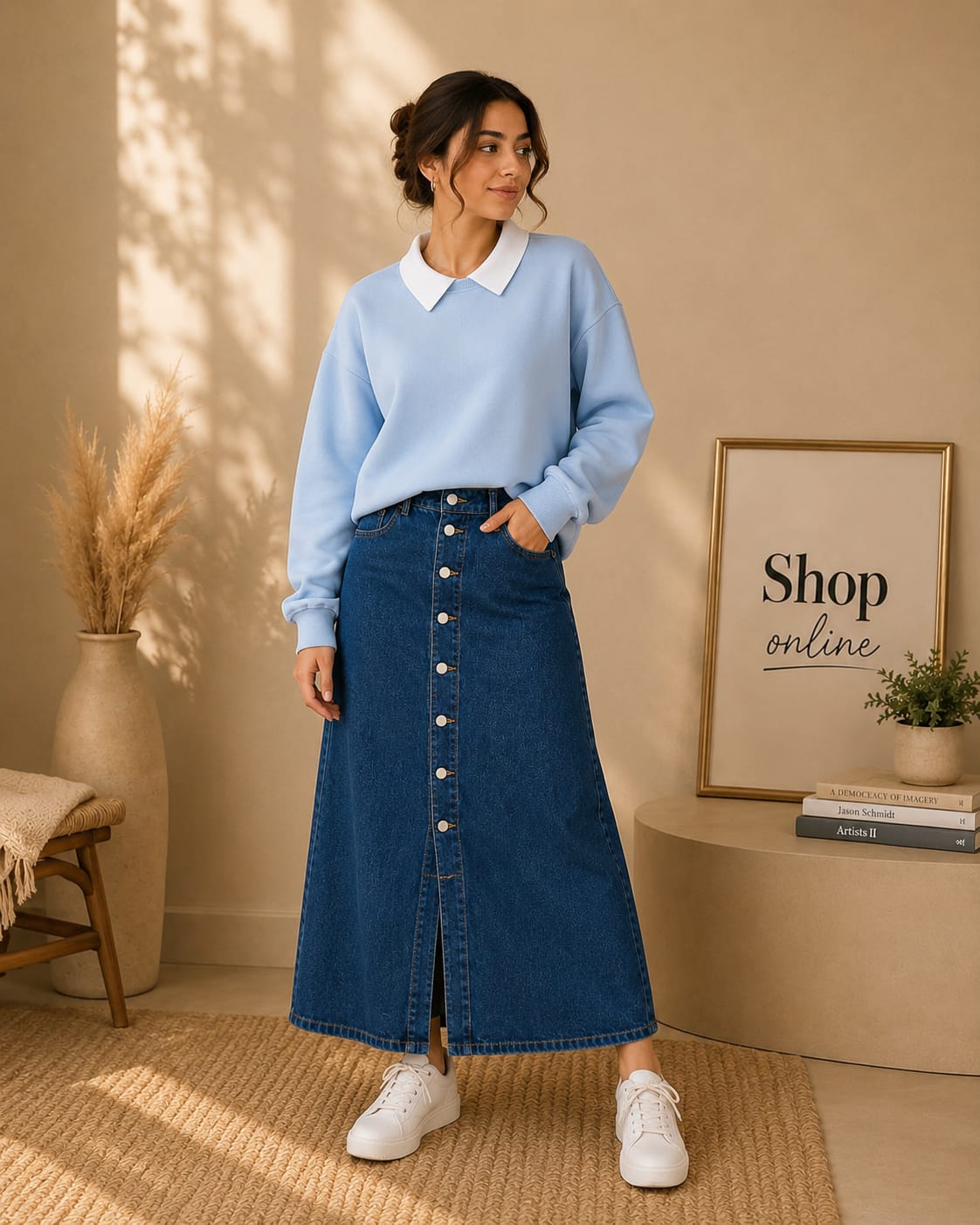 Sky Blue Collar Sweatshirt With Mid Blue Denim Skirt