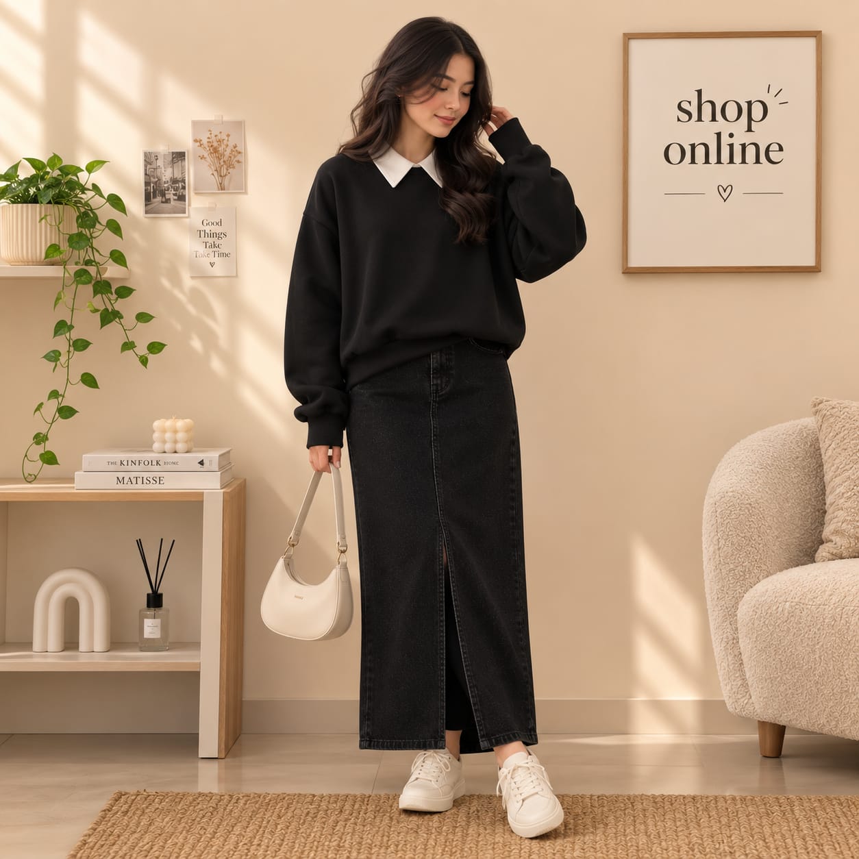 Black Collar Sweatshirt With Black Denim Skirt