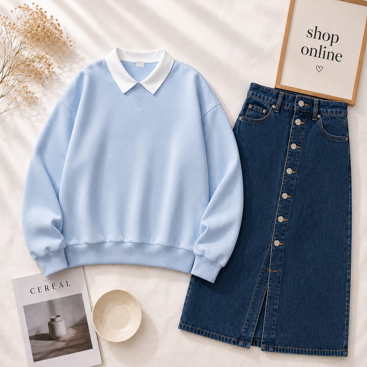 Sky Blue Collar Sweatshirt With Mid Blue Denim Skirt