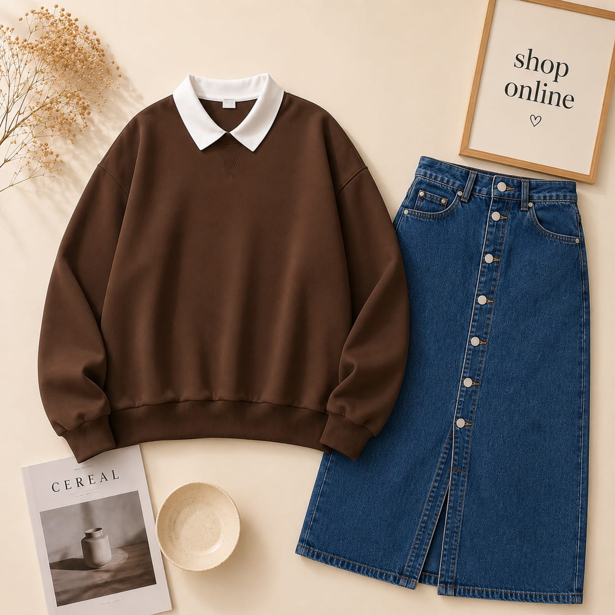 Brown Collar Sweatshirt With Mid Blue Denim Skirt