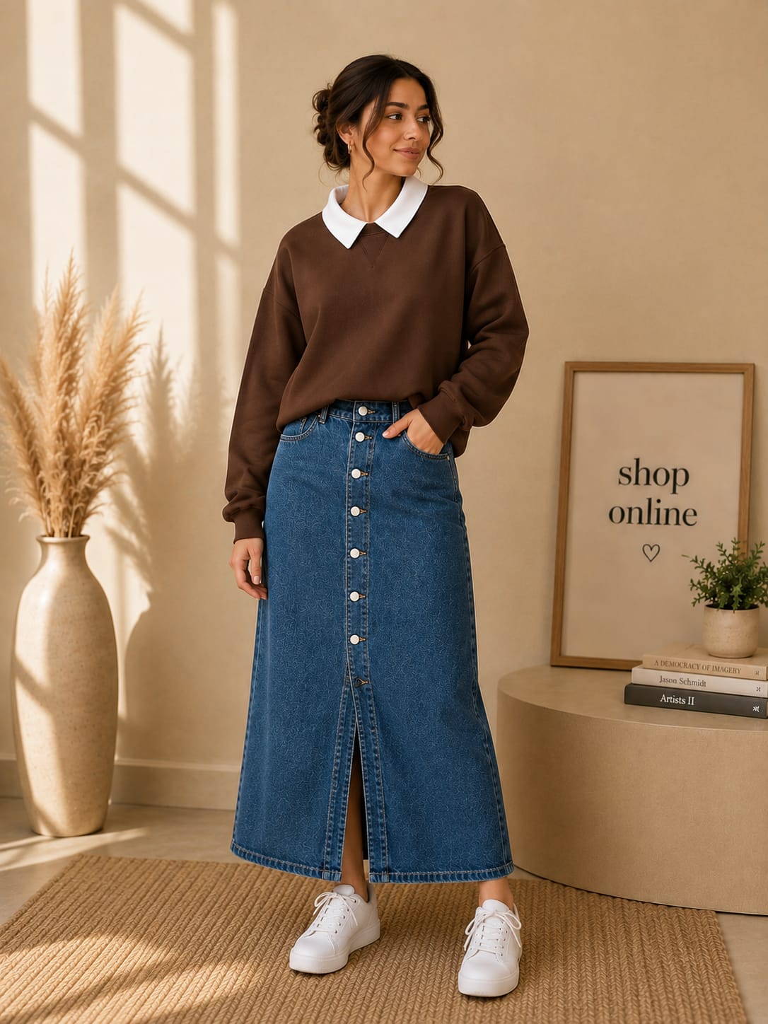 Brown Collar Sweatshirt With Mid Blue Denim Skirt