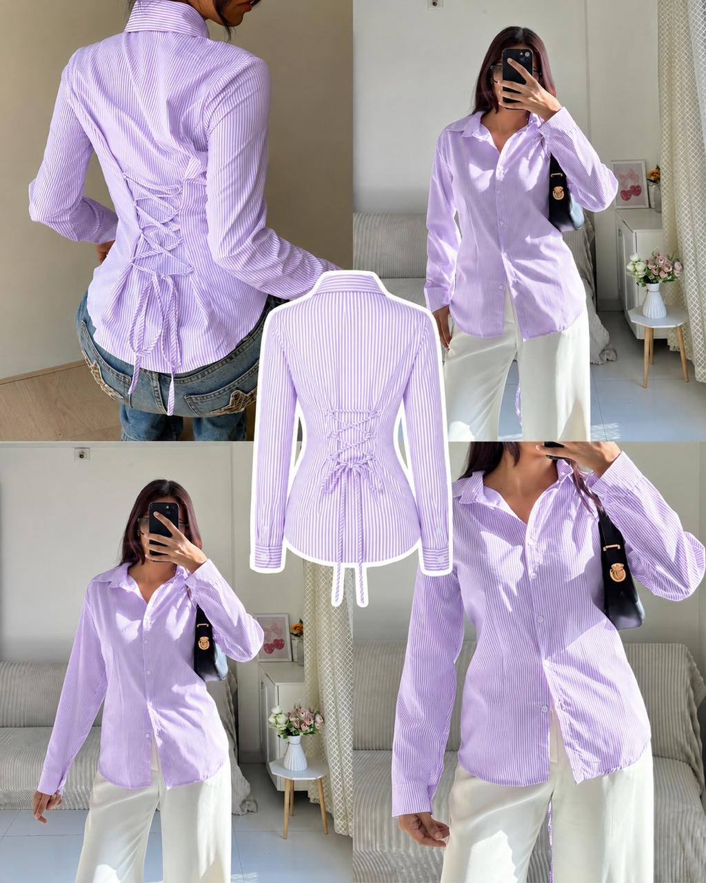 Lilac Corset Lace-Up Back Stripe Shirt
