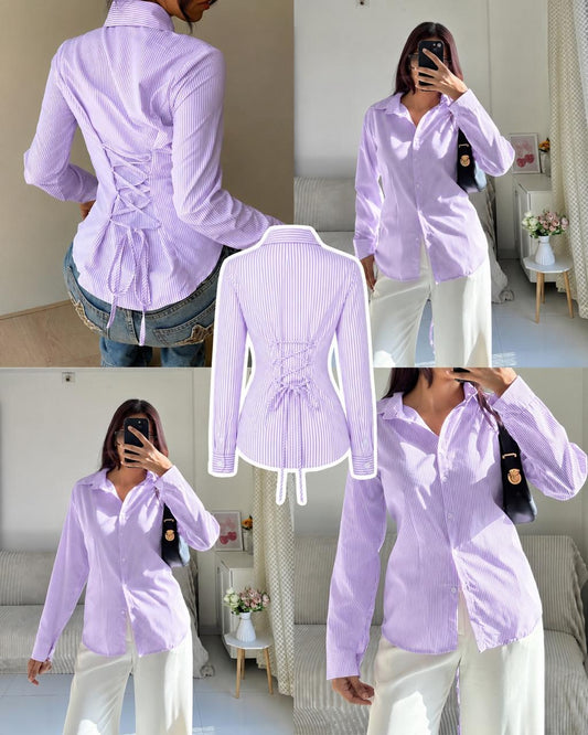 Lilac Corset Lace-Up Back Stripe Shirt