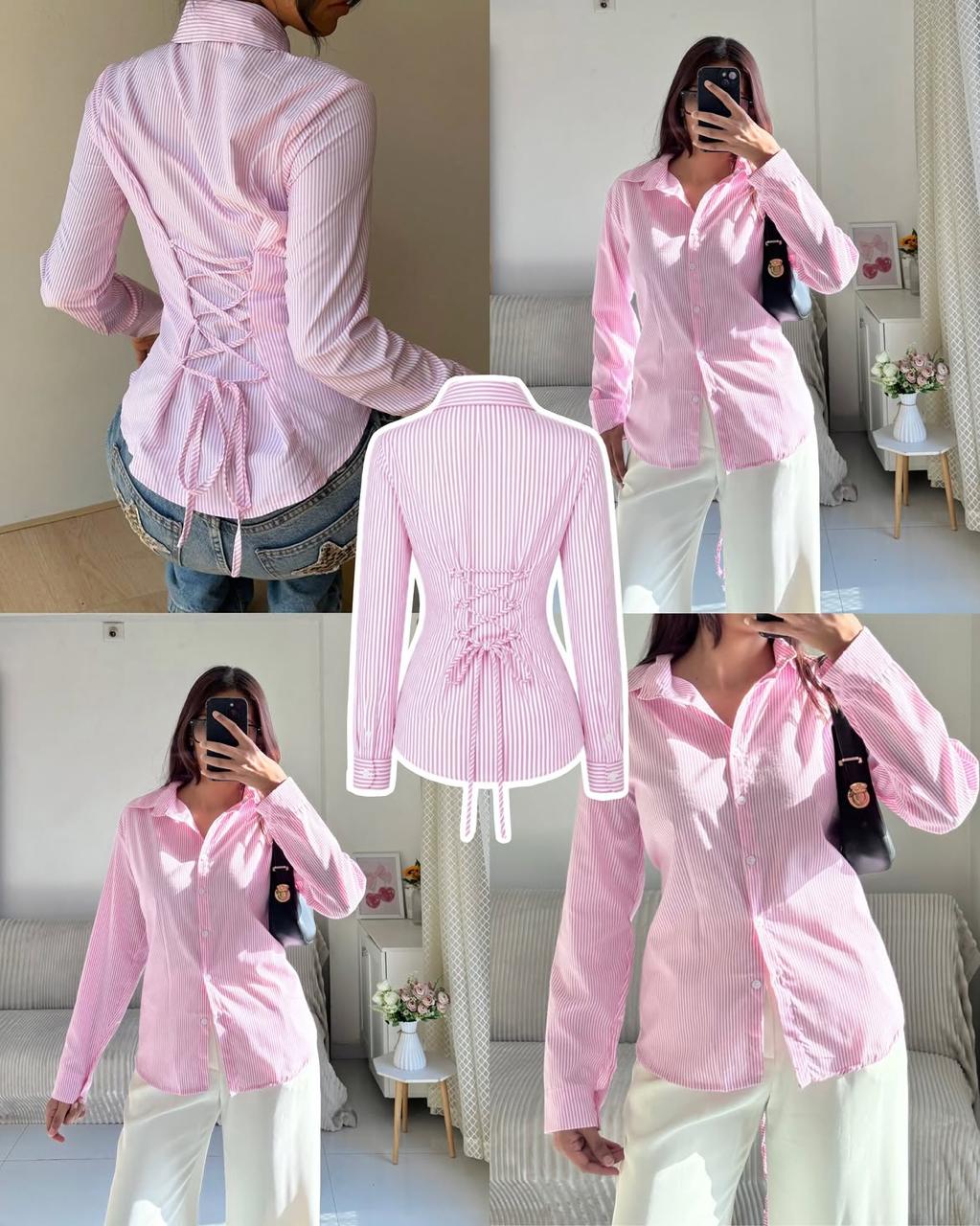 Pink Corset Lace-Up Back Stripe Shirt