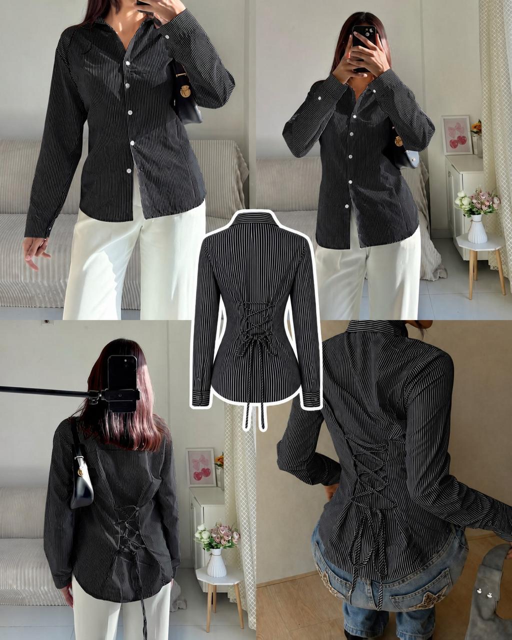 Black Corset Lace-Up Back Stripe Shirt