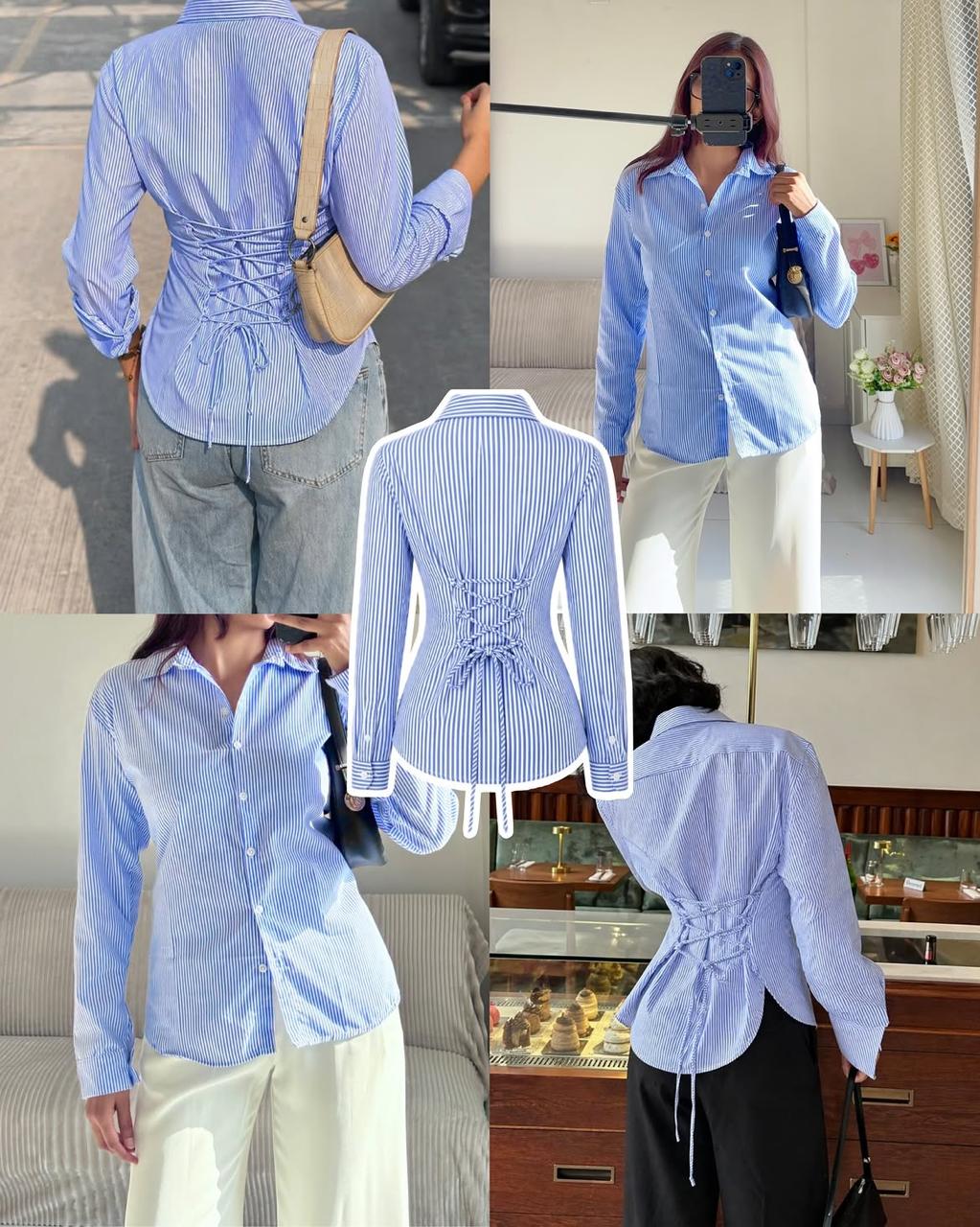 Blue With White Corset Lace-Up Back Stripe Shirt