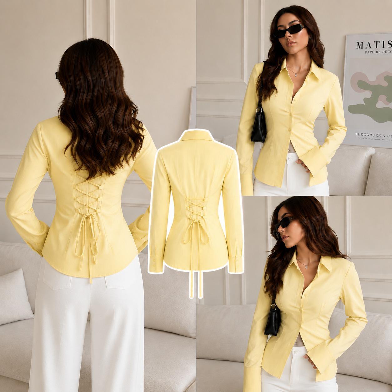 Yellow Corset Lace-Up Back Stripe Shirt