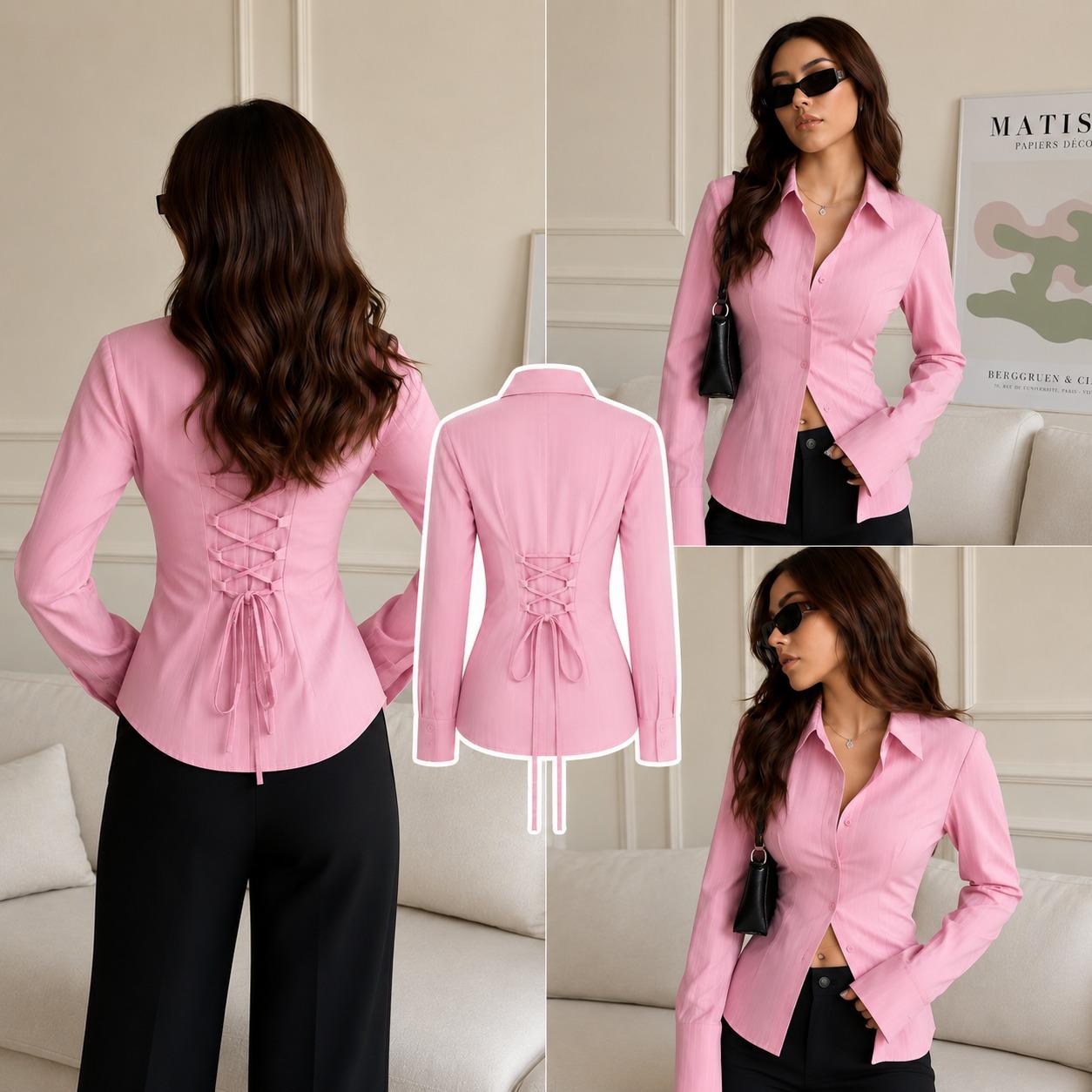 Pink Corset Lace-Up Back Stripe Shirt
