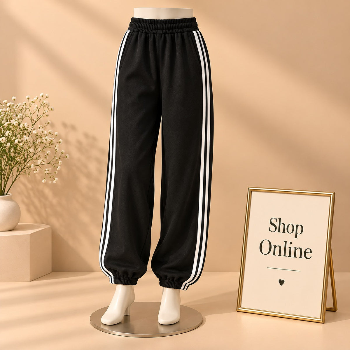 Black Trouser Pants With 3 White Side Stripes Fitted Bottom