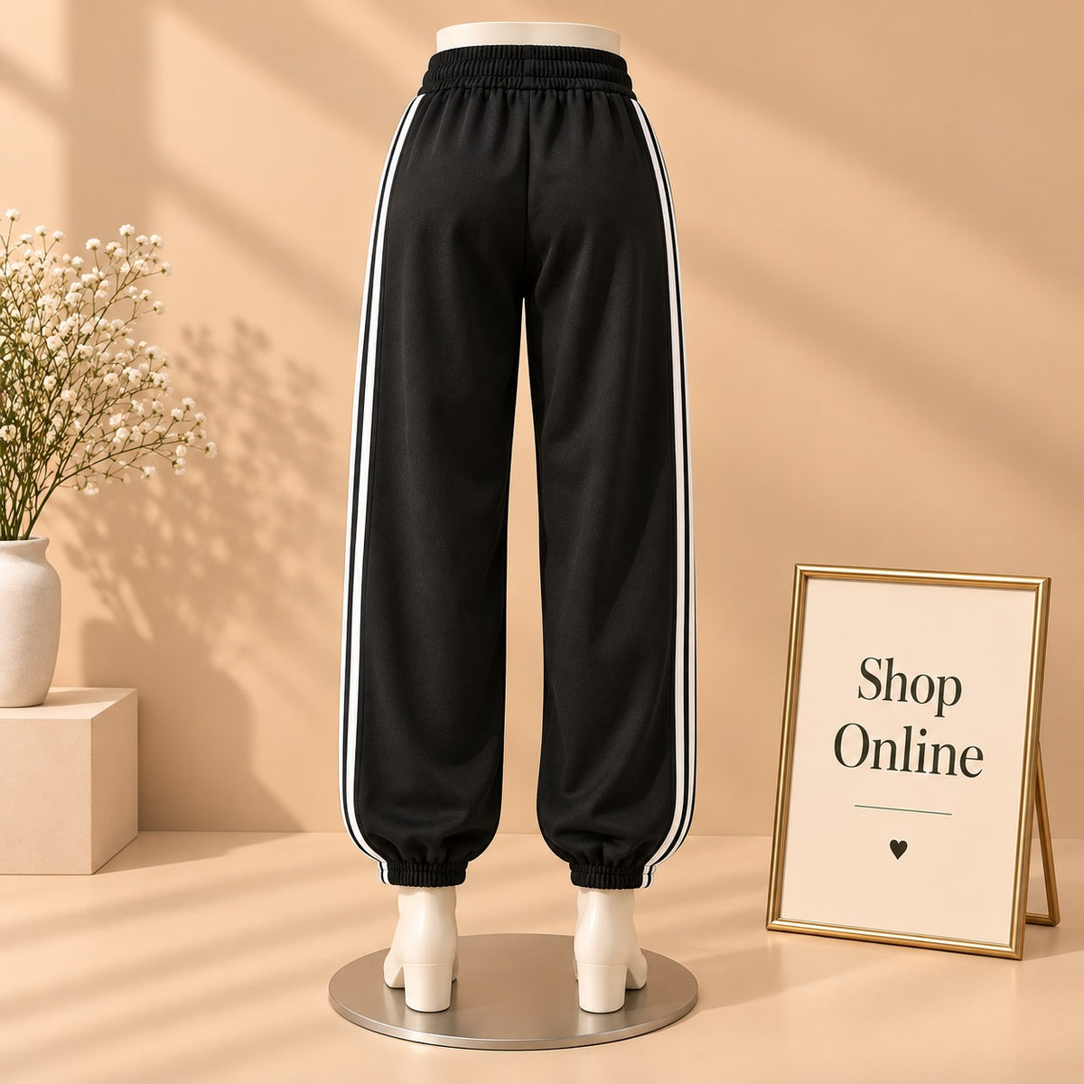 Black Trouser Pants With 3 White Side Stripes Fitted Bottom