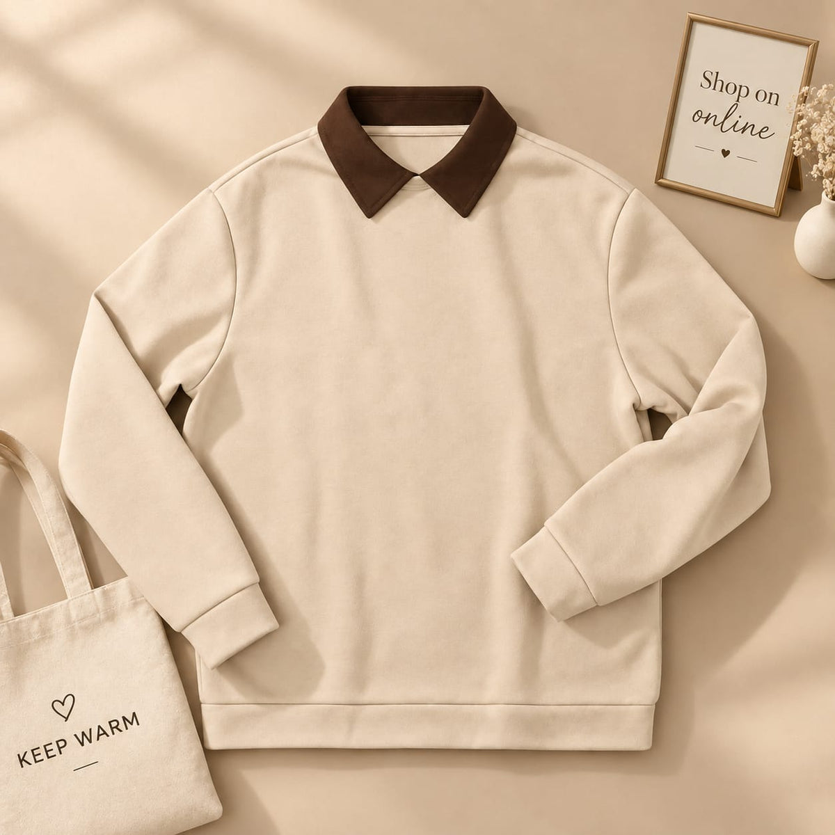 BEIGE WITH BROWN COLLAR SWEATSHIRT