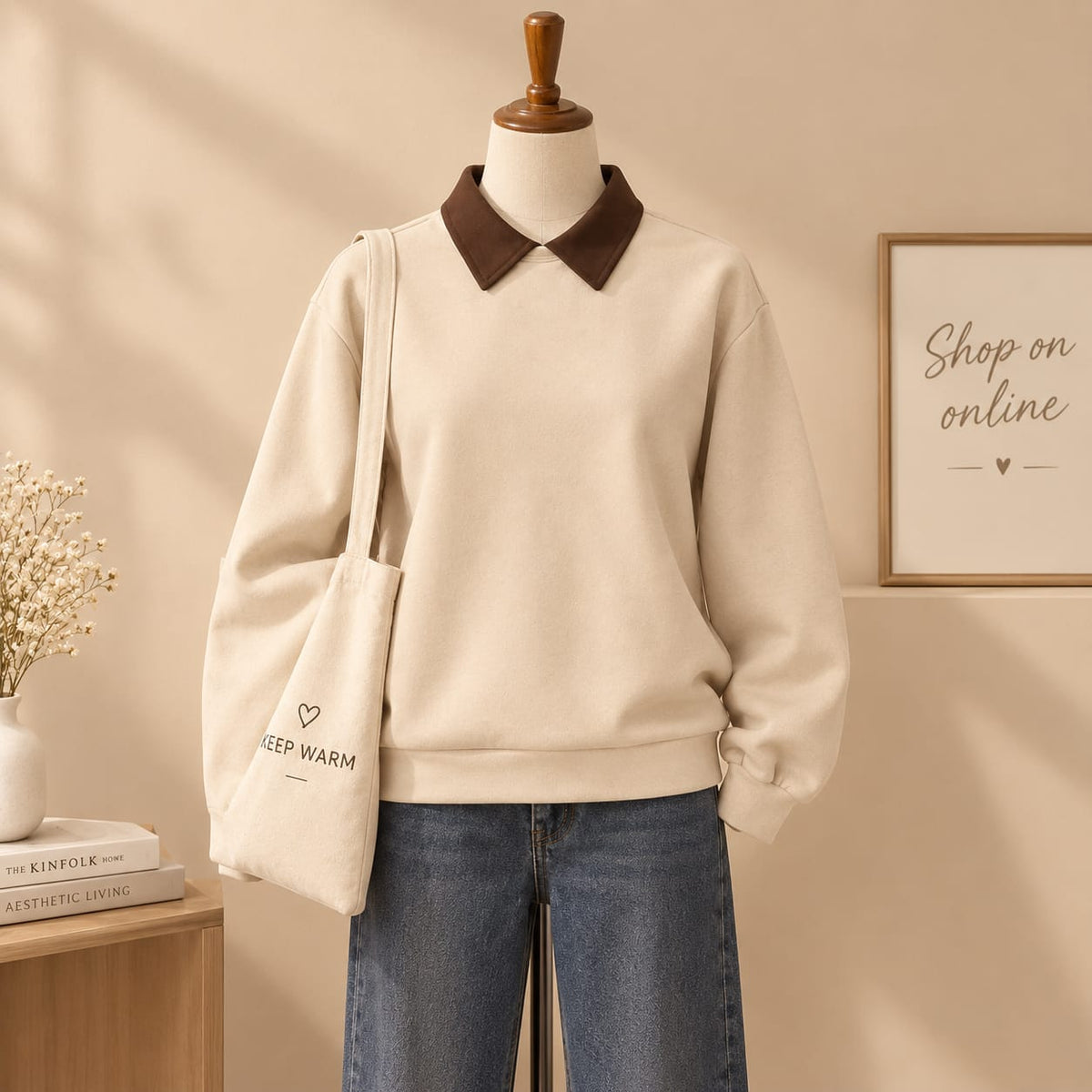BEIGE WITH BROWN COLLAR SWEATSHIRT