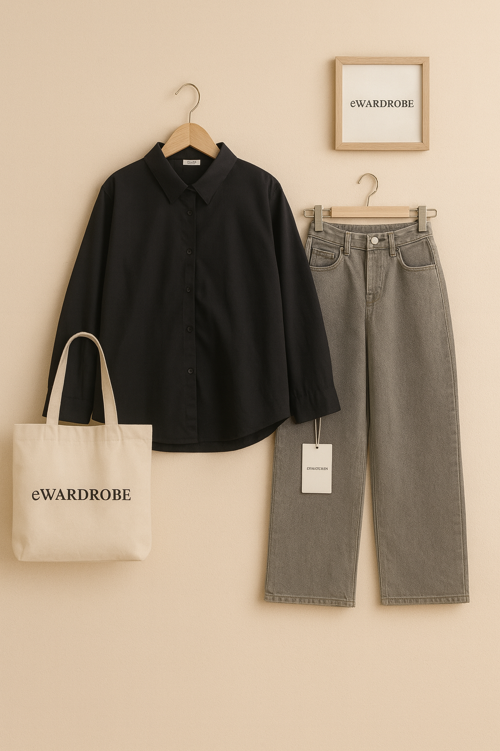 BLACK BUTTON SHIRT WITH GREY WIDE LEG JEANS