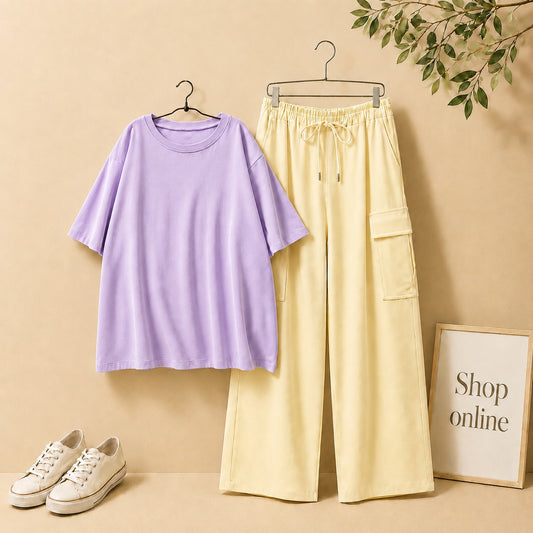 LILAC DROP SHOULDER TSHIRT WITH BEIGE CARGO TROUSER