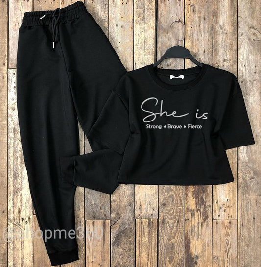 BLACK TROUSER-BLACK CROP TEE SHE IS STRONG BRAVE FIERCE
