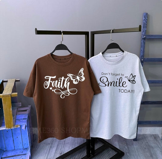 Dark Brown tee faith butterfly -White tee don't forget to smile again