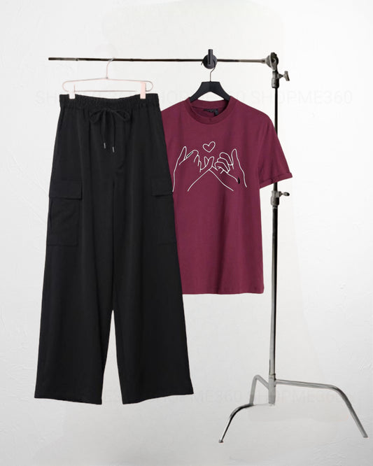 BLACK CARGO FLAPPER-MAROON TSHIRT PINKY PROMISE