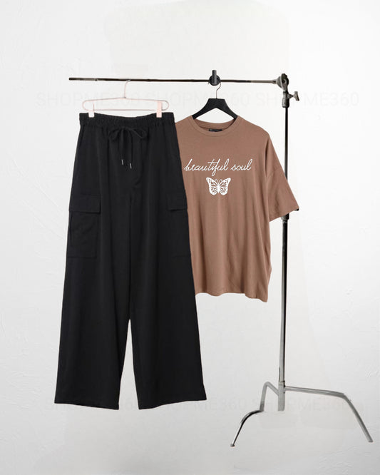 BLACK CARGO FLAPPER-BROWN TSHIRT BEAUTIFUL SOUL