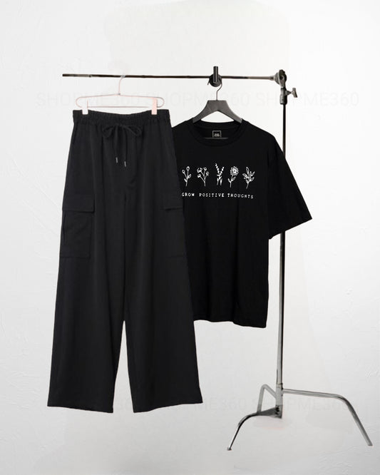 BLACK CARGO FLAPPER-BLACK TSHIRT GROW POSITIVE THOUGHTS
