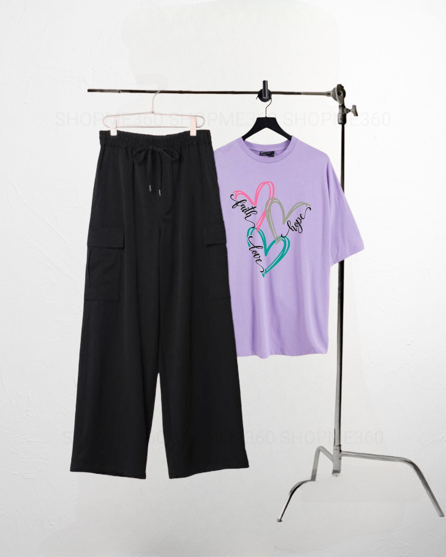 BLACK CARGO FLAPPER-LILAC TSHIRT FAITH HOPE LOVE