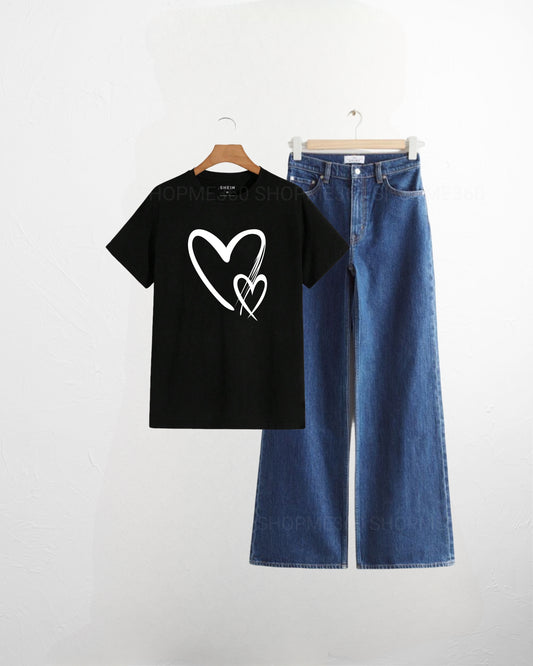 BLACK TSHIRT 2 HEARTS-MID BLUE JEANS