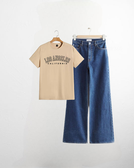 BEIGE TSHIRT LOSS ANGELESS-MID BLUE JEANS