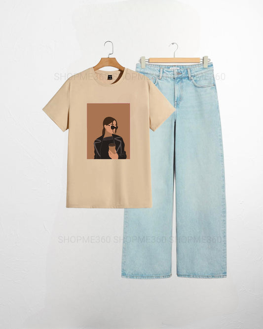 BEIGE TSHIRT COFFE GIRL-SKY BLUE JEANS