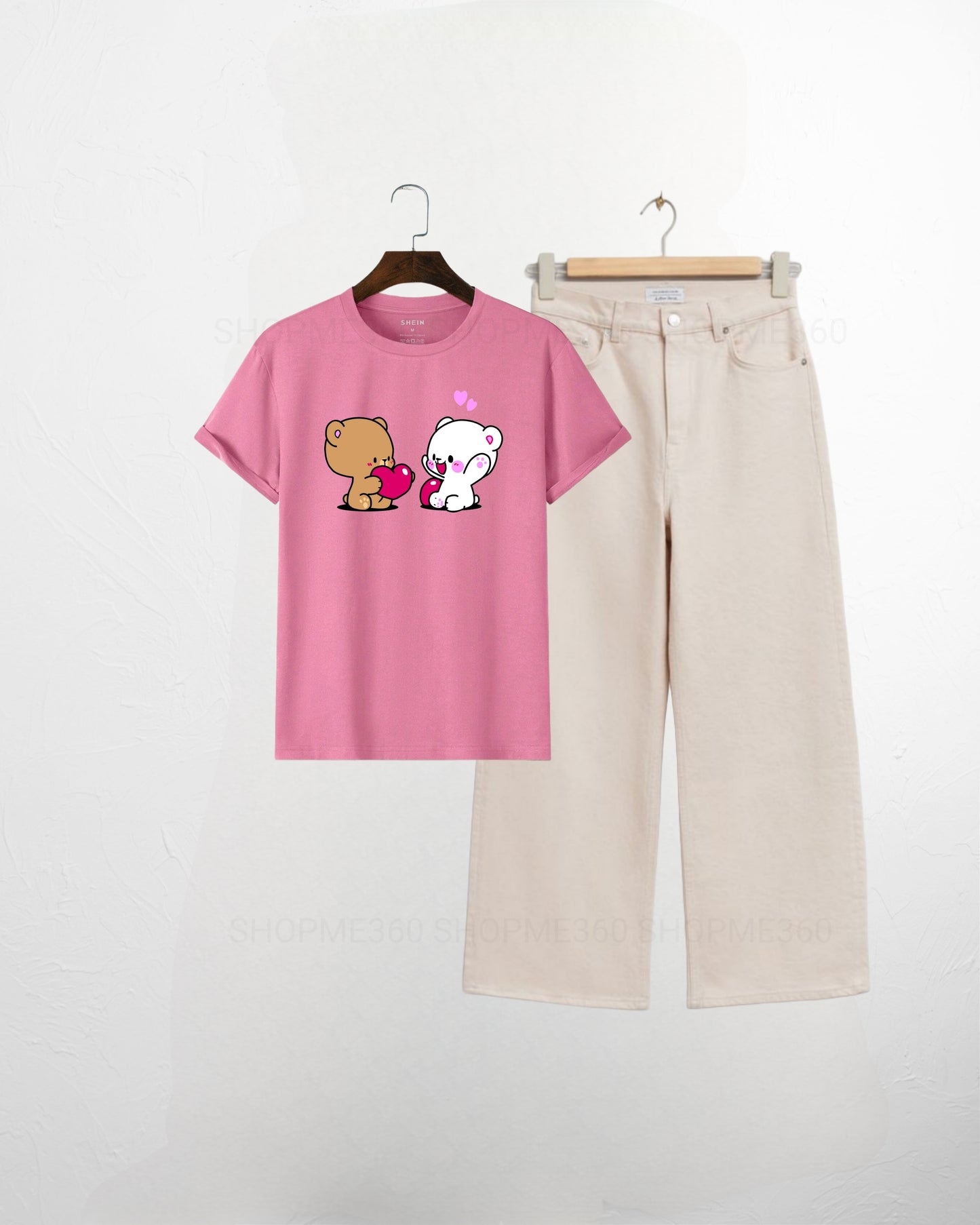 PINK TSHIRT PAIR-BEIGE JEANS