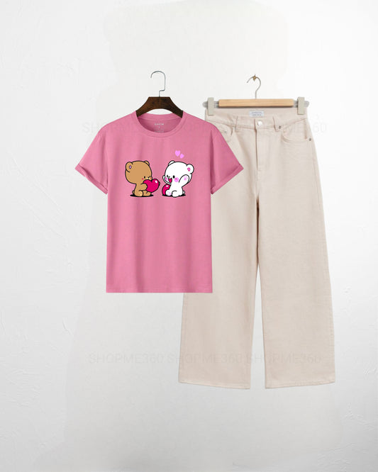 PINK TSHIRT PAIR-BEIGE JEANS