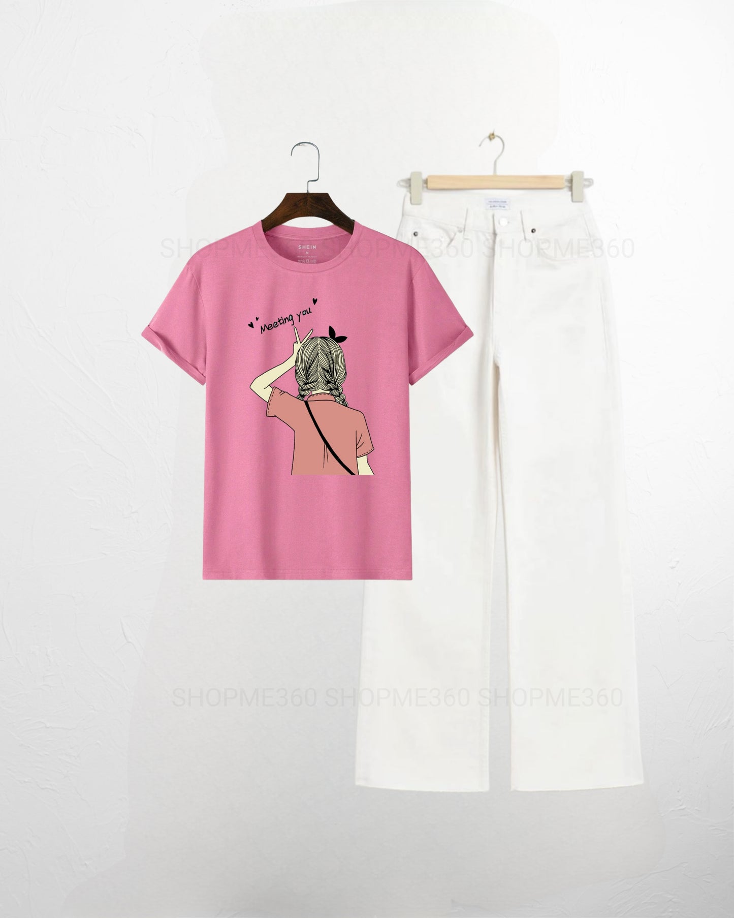 PINK TSHIRT MEETING YOU-WHITE JEANS